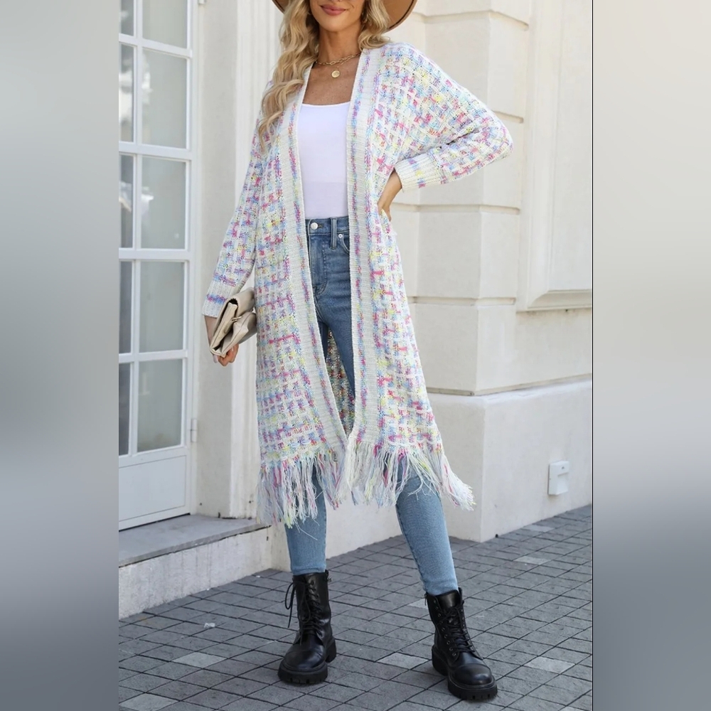 Long Open-Front Pastel Fringe Knit Cardigan Sweater - Picture 6 of 8